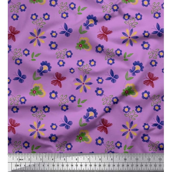 Soimoi Purple Poly Georgette Fabric Leaves,Insect & Floral Artistic Printed Fabric 1 Yard 52 Inch Wide