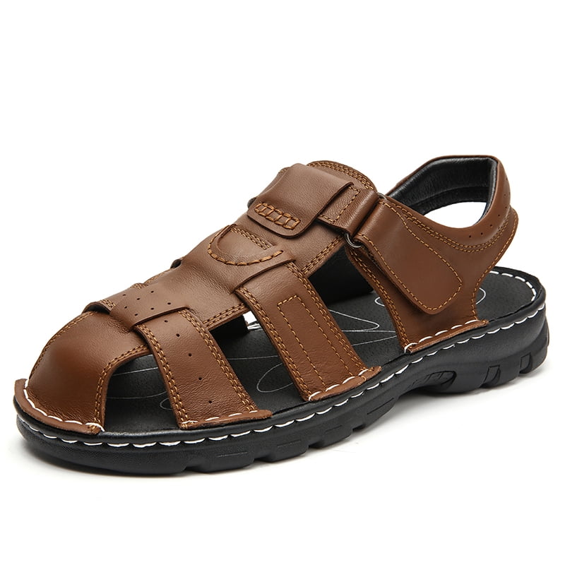 Men's Cow Leather Sandals Closed Toe Hook&Loop Beach Outdoors Breathable Summer 