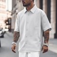 thumbnail image 2 of XDZJLR Mens Shirts Summer Solid Color Short Sleeved Lapel Stand Collar Button Down Leisure Tee, 2 of 5