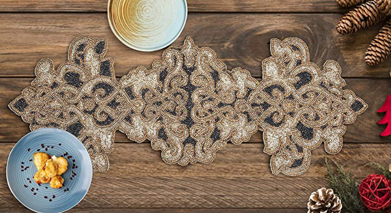 GFI LINEN CLUBS Hand Made Beaded Table Runner / Home Decor Mat in Gold, Charcoal & Silver, 13 x 36 Inches, Pack of 1, Produced by Village Artisans in India