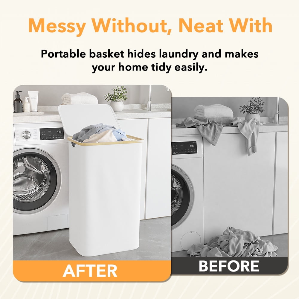 PLUMEBAY 110L Laundry Hamper with Lid, Large Foldable Clothes Basket with Bamboo Handles, Tall Fabric Hamper for Bedroom, Bathroom, Dorm, White
