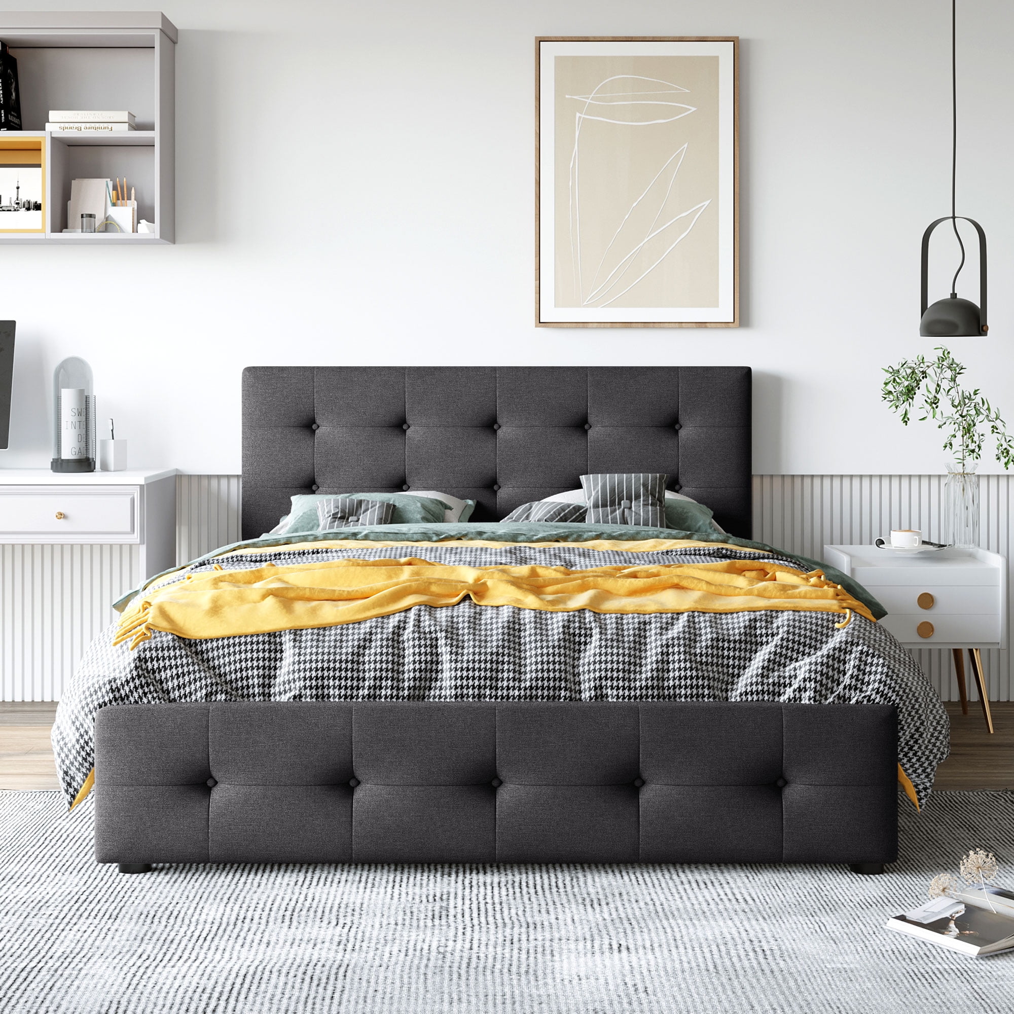 PAPROOS Queen Storage Bed Frame with 4 Drawers, Upholstered Platform Bed with Tufted Button Headboard, No Box Spring Needed, Heavy Duty Queen Size Bed Frame for Adults, Holds 500lbs, Light Gray