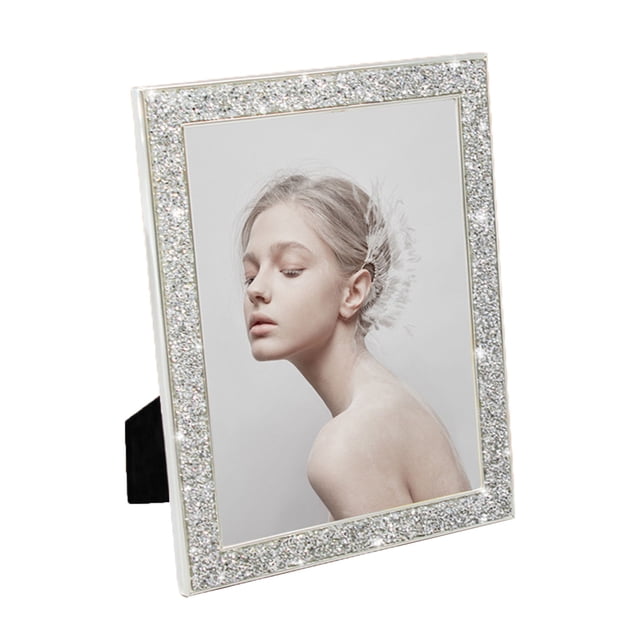 Visland 6 inch Photo Frame Shiny Rhinestone Edge Electroplated Stainless Standing Anti-skid Luxury Oblong Glitter Wall Mounting Table Top Display Picture Display Protection Frame