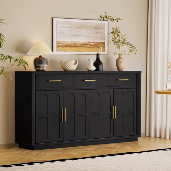 UZUGUL Black 4-Door 3-Drawer Buffet Cabinet, Arch Design, Gold Handles, Adjustable Shelves, for Living Room Dining Room