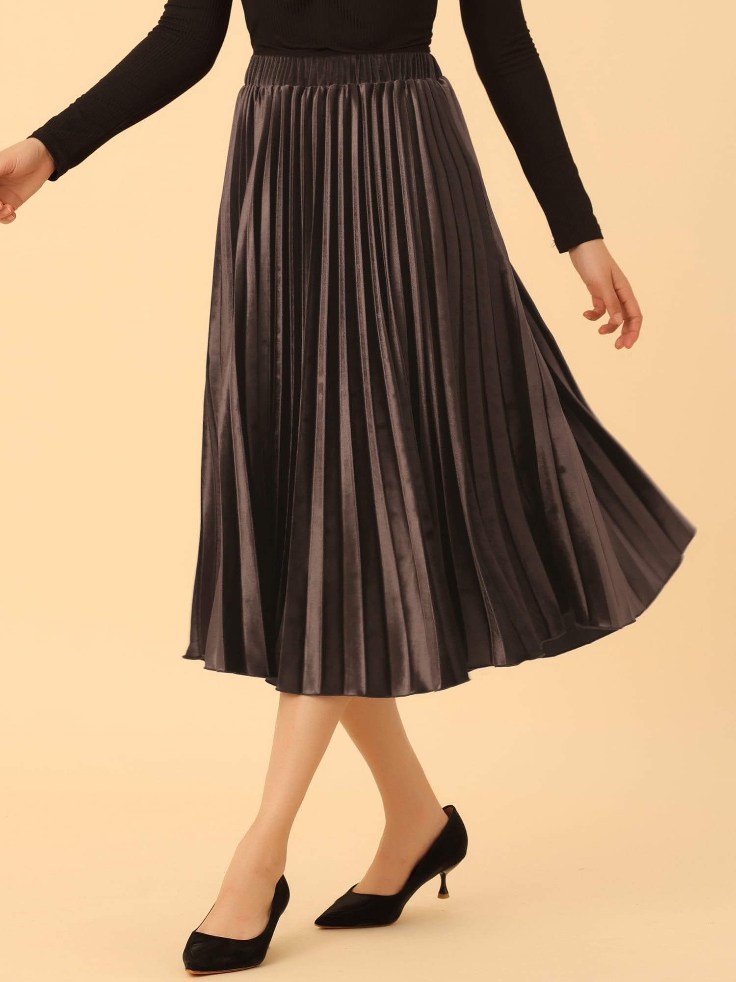 DARING DIVA Women's Velvet Pleated Swing Midi Skirt S Dark Brown