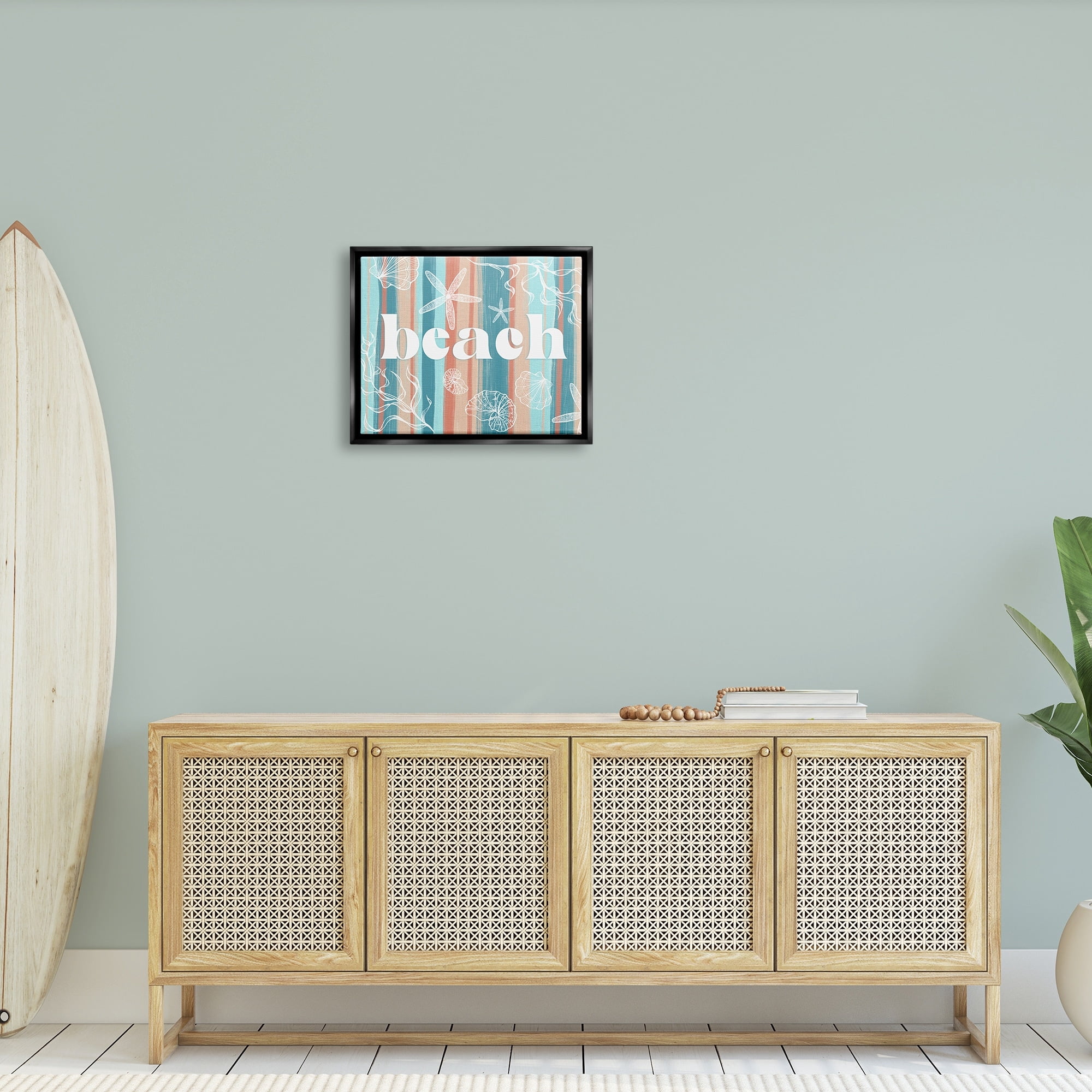 Stupell Industries Striped Beach Sign Various Sea Life Seaweed Coral Graphic Art Metallic Gold Floating Framed Canvas Print Wall Art, Design by Ziwei Li