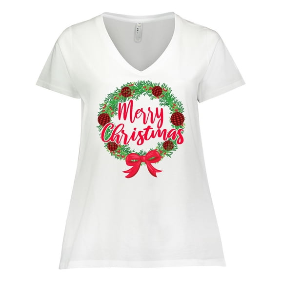 Inktastic Merry Christmas Wreath with Red Bow and Ornaments Women's Plus Size V-Neck T-Shirt