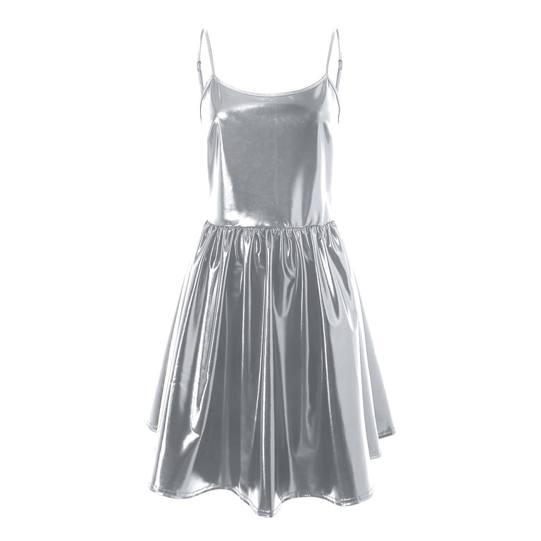 slim fit dress slacks Silver Holographic Short Sleeve Skater Fit N Flare Dress Large main image 1