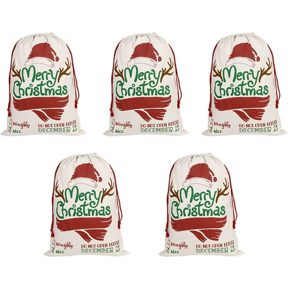 Sac Cadeau de Noël, Grand Sac de Rangement en Coton Personnalisé pour Noël, Sac à Cordon pour Fête, Pendaison de Crémaillère, Décoration de Maison, 27,6 Pouces x 19,7 Pouces (Lot de 5 Joyeux Noël)