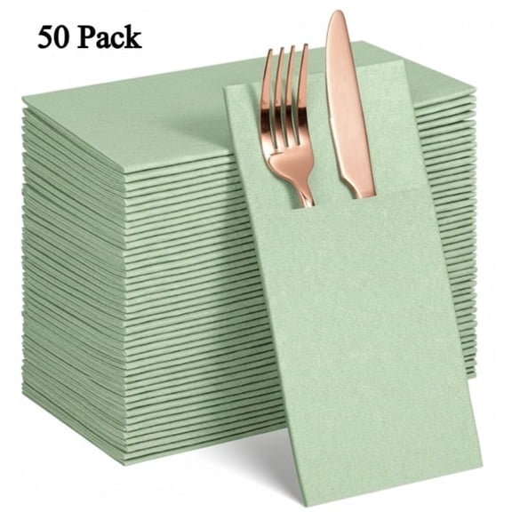 Sage Green Linen-Feel Pocket Paper Napkins (50-Pack) - Bulk Disposable Prefolded Napkins for Wedding, Birthday & Party