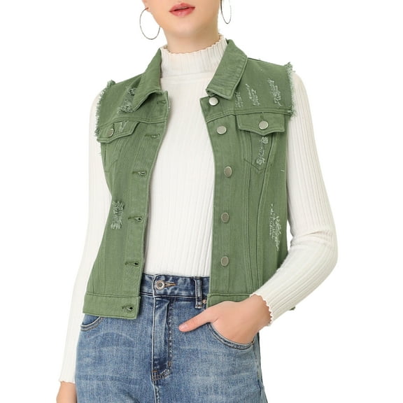 Allegra K Women's Turn Down Collar Button Denim Washed Vest