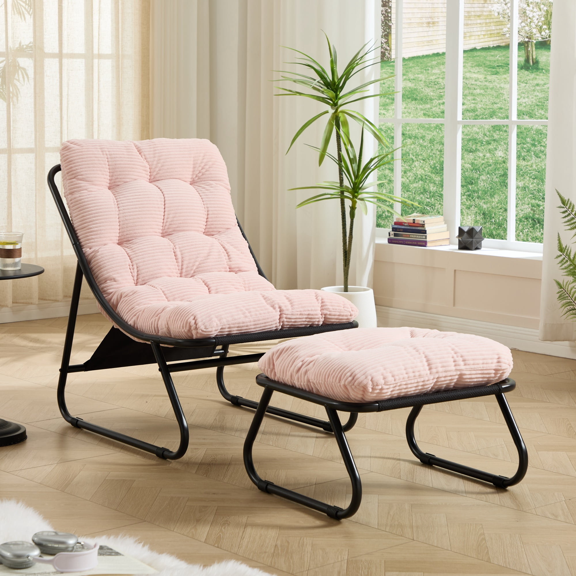 Outdoor Lounge Chair with Ottoman, Patio Sling Recliner with Puffy Cushion, Comfy Chaise Lounge with Foot Stool for Patio, Pool, Backyard, Black/Pink