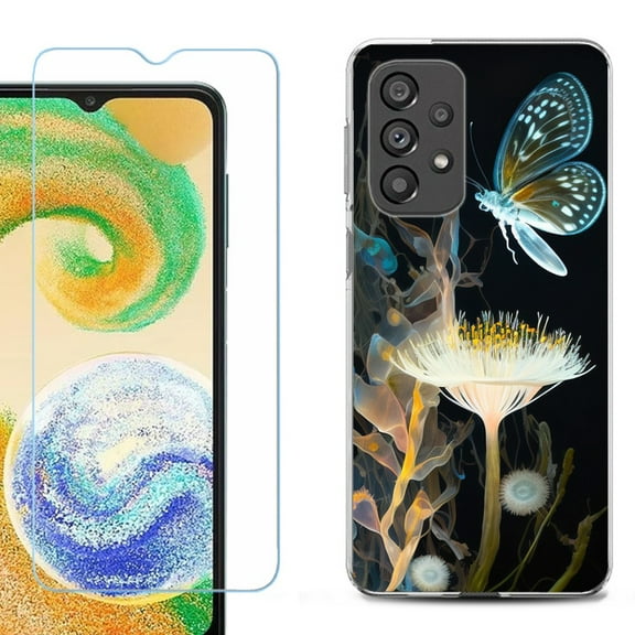 Shockproof Fashion Phone Case for Samsung Galaxy A23 5G, with Tempered Glass Screen Protector, by OneToughShield ® - Butterfly Translucent