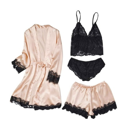 

Efsteb Women S Lingerie Trendy Casual Comfy Soft Lingerie 4PCS Lingerie Suit Lace Patchwork Silk Satin Temptation Babydoll Underwear Underpants Shorts Sleepwear Nightgown Briefs Suit