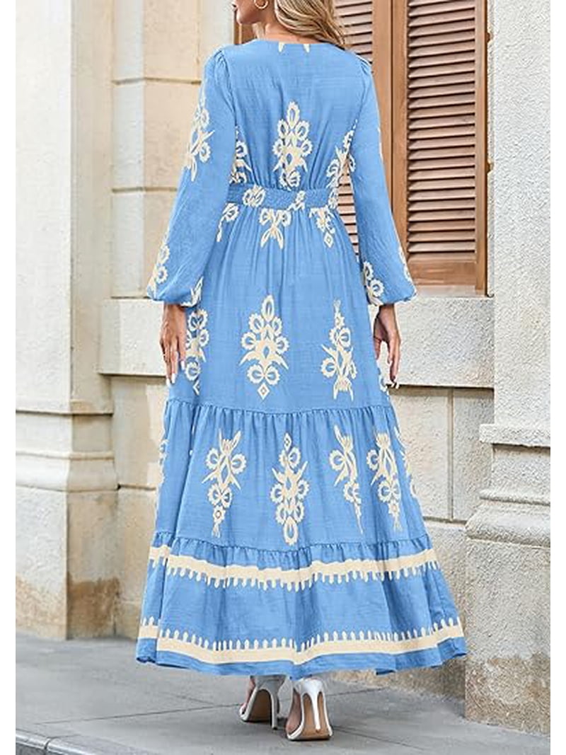 fall wedding guest dress boho PRETTYGARDEN Women's Dresses Floral Long Sleeve V Neck Flowy Elegant Maxi Beach Clothes Going Out Dresses for