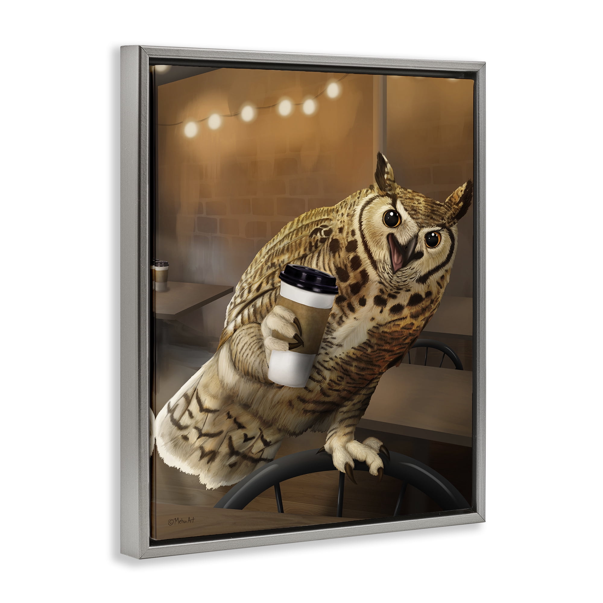 Stupell Industries Owl with Coffee Cup Food & Beverage Painting Gray Floater Framed Canvas Art Print Wall Art, 17 x 21