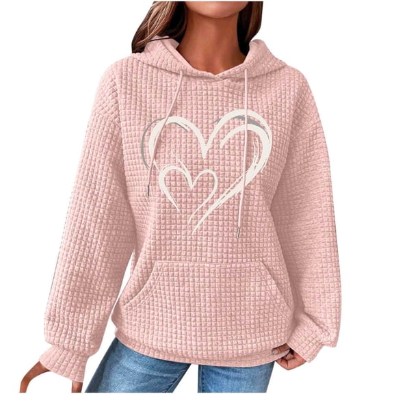 Graphic Hoodies for Women Fashion Waffle Heart Print Crewneck Sweatshirts Long Sleeve Fall Loose Casual Tops with Pocket(Pink XXL)