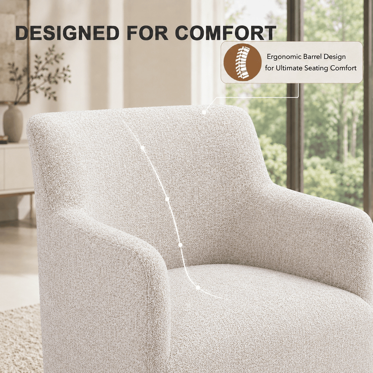 Aenkyo Upholstered Dining Arm Chair with Casters, Barrel Back Rolling Accent Chair, Ginger Brown