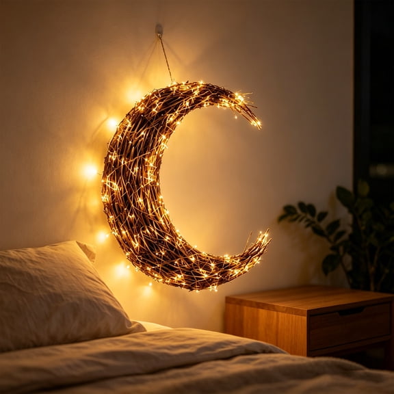 Cadancy Moon Wreath with Lights LED Fairy Vine Hanging Wall Decor Crescent Shape Illuminated Bedroom Nursery Home Ornament for Indoor Party Wedding Holiday Seasonal Decoration