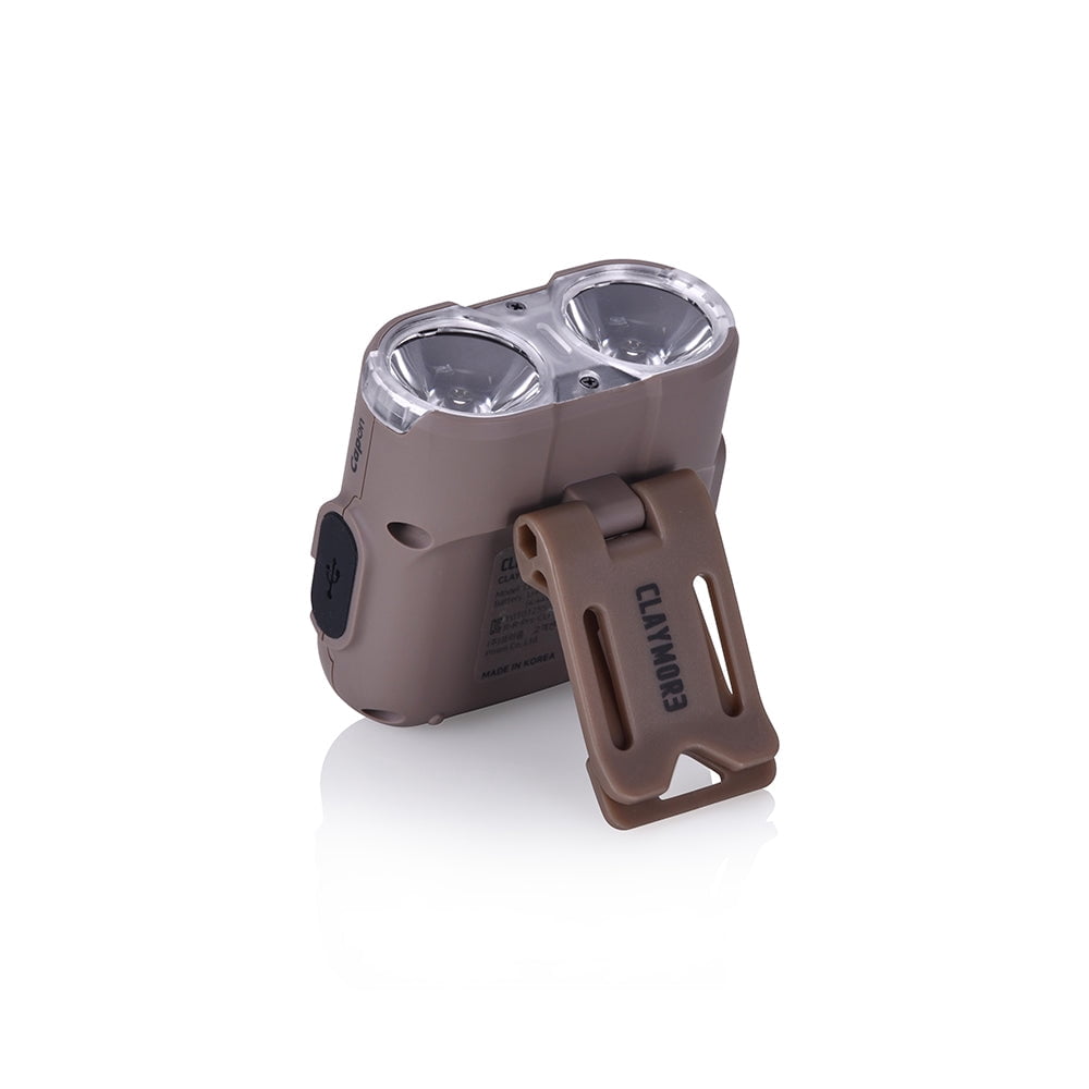 Claymore Capon 120H (Tan) - LED Rechargeable Clip-On Cap Headlamp, Lightweight Hat Light for Camping, Running, Hiking, Emergency & Industrial Use, Waterproof, USB-C, Up to 45 Hours of Battery Life.
