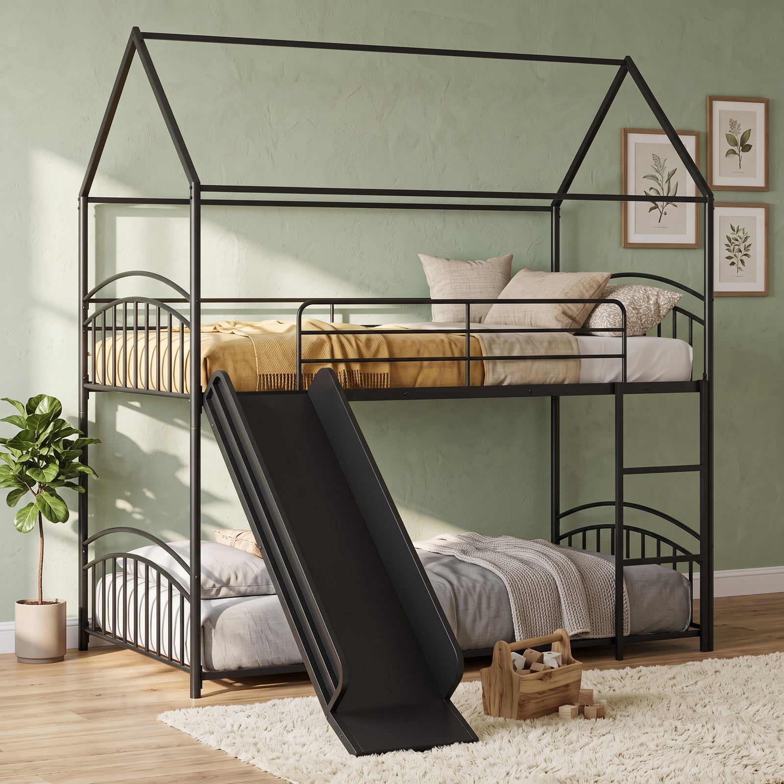 Furnibear Twin Over Twin House Bunk Bed with Slide Ladder and Heavy-duty Metal Slats for Kids and Shared Bedrooms, Black