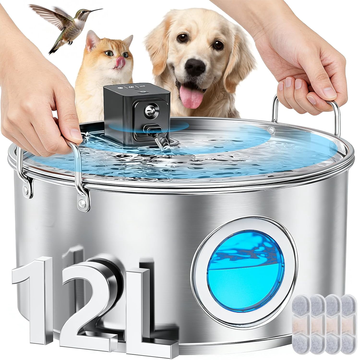 3.4Gal Wireless Automatic Dog Water Fountain, 12L Stainless Steel Pet Water Bowl Dispenser with 3 Modes, Ultra Quiet Multi-Filtration System for Large Dogs