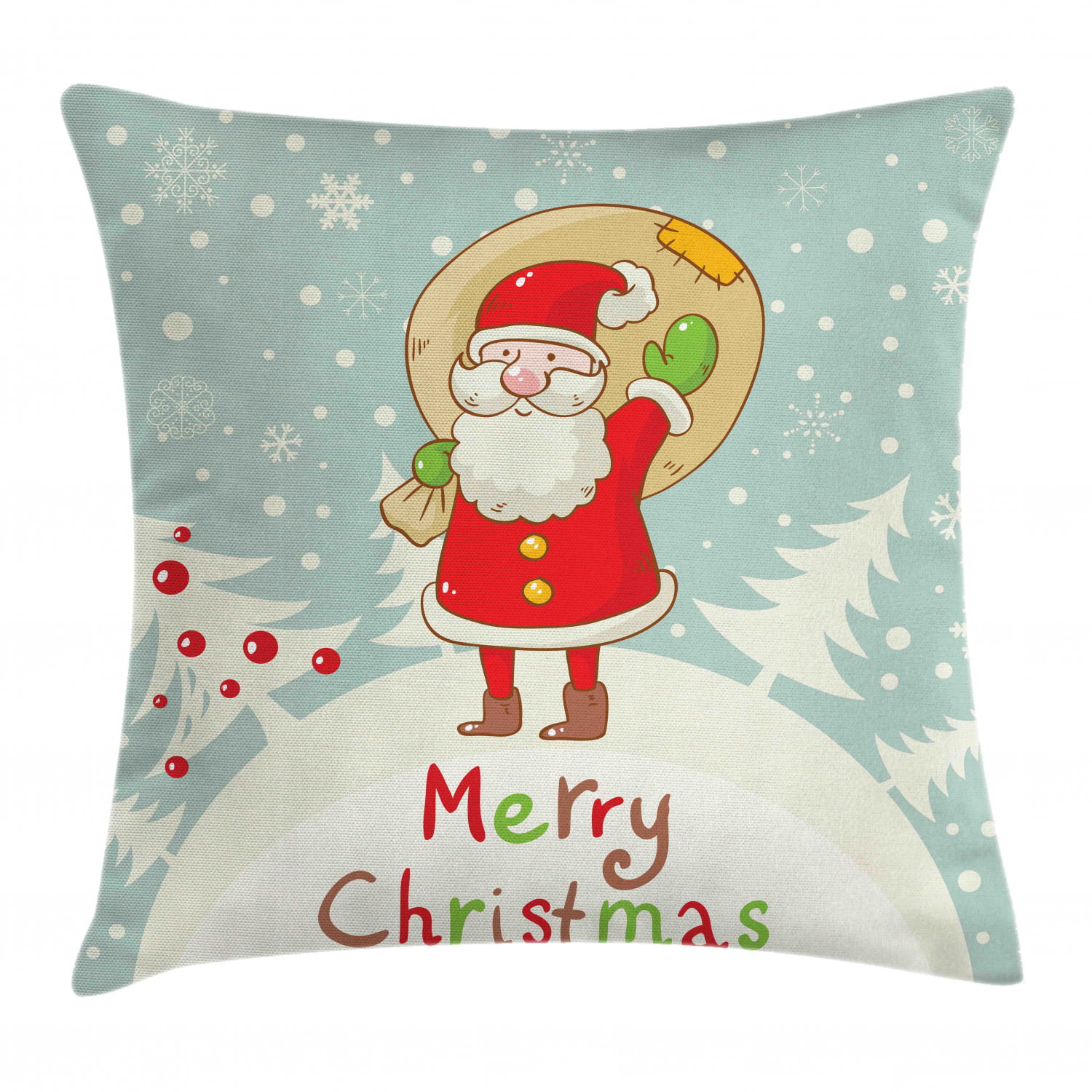 Santa Throw Pillow Cushion Cover, Merry Christmas Theme Cute Santa with a Sack of Presents on