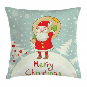 Santa Throw Pillow Cushion Cover, Merry Christmas Theme Cute Santa with a Sack of Presents on Forest and Snowflakes, Decorative Square Accent Pillow Case, 16 X 16 Inches, Multicolor, by Ambesonne
