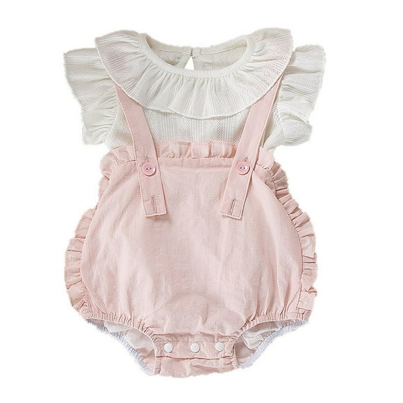LNMQLPDBS Ensemble de Vêtements pour Fillettes Manches Volantes Plissées Col Poupée + Bretelles à Volants Shorts 2 Pcs Ensembles Vêtements pour Nouveau-Né Fille Tenues d'Été Mignonnes pour Fête et Quotidien Rose 3-6 Mois