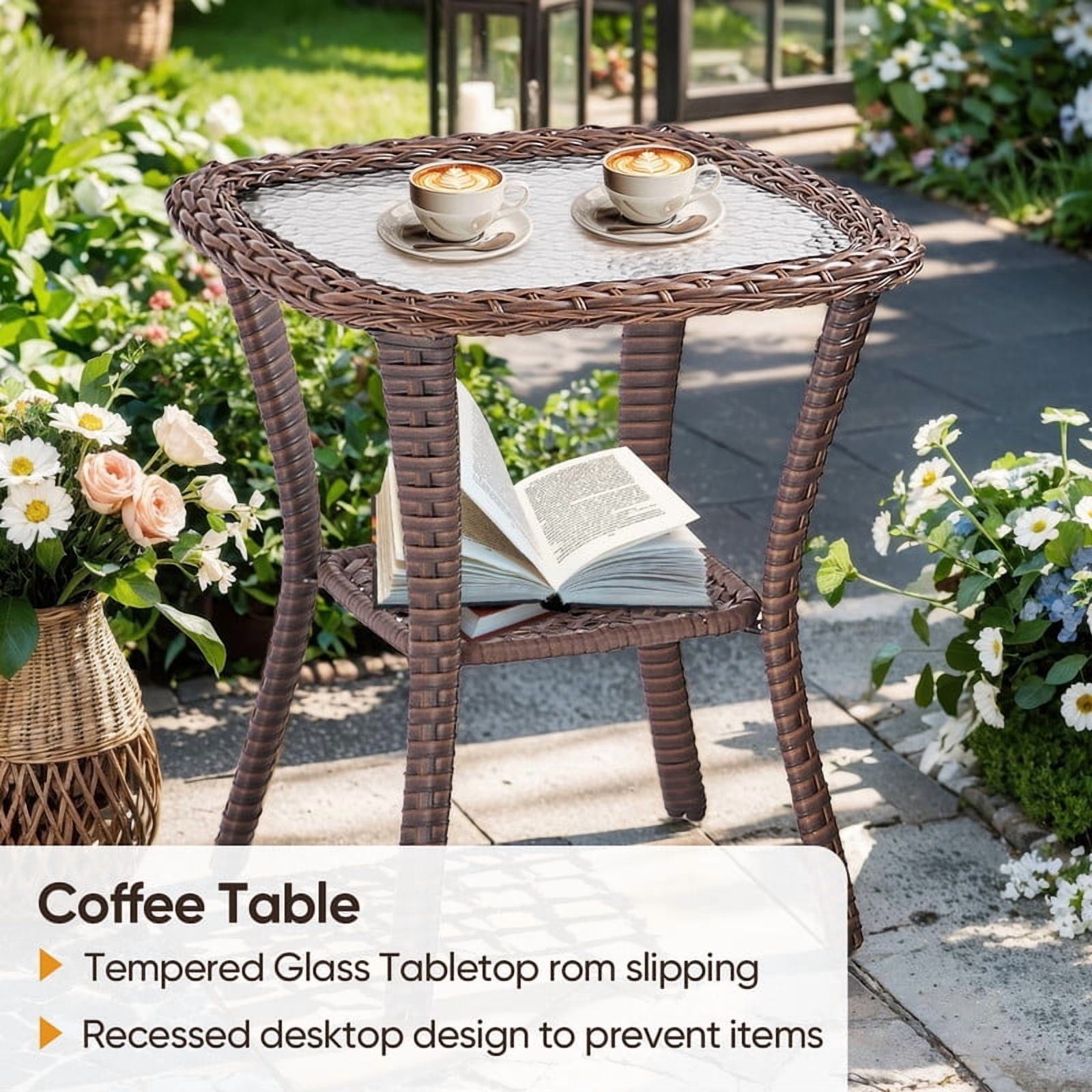 PARKWELL 7 Pieces Outdoor Patio Furniture Set with Fire Pit Table,Luxury 6" Thick Conversation Set with Swivel Glider Chairs,All-Weather Seating Furniture Set for Backyard Deck, Brown/Beige