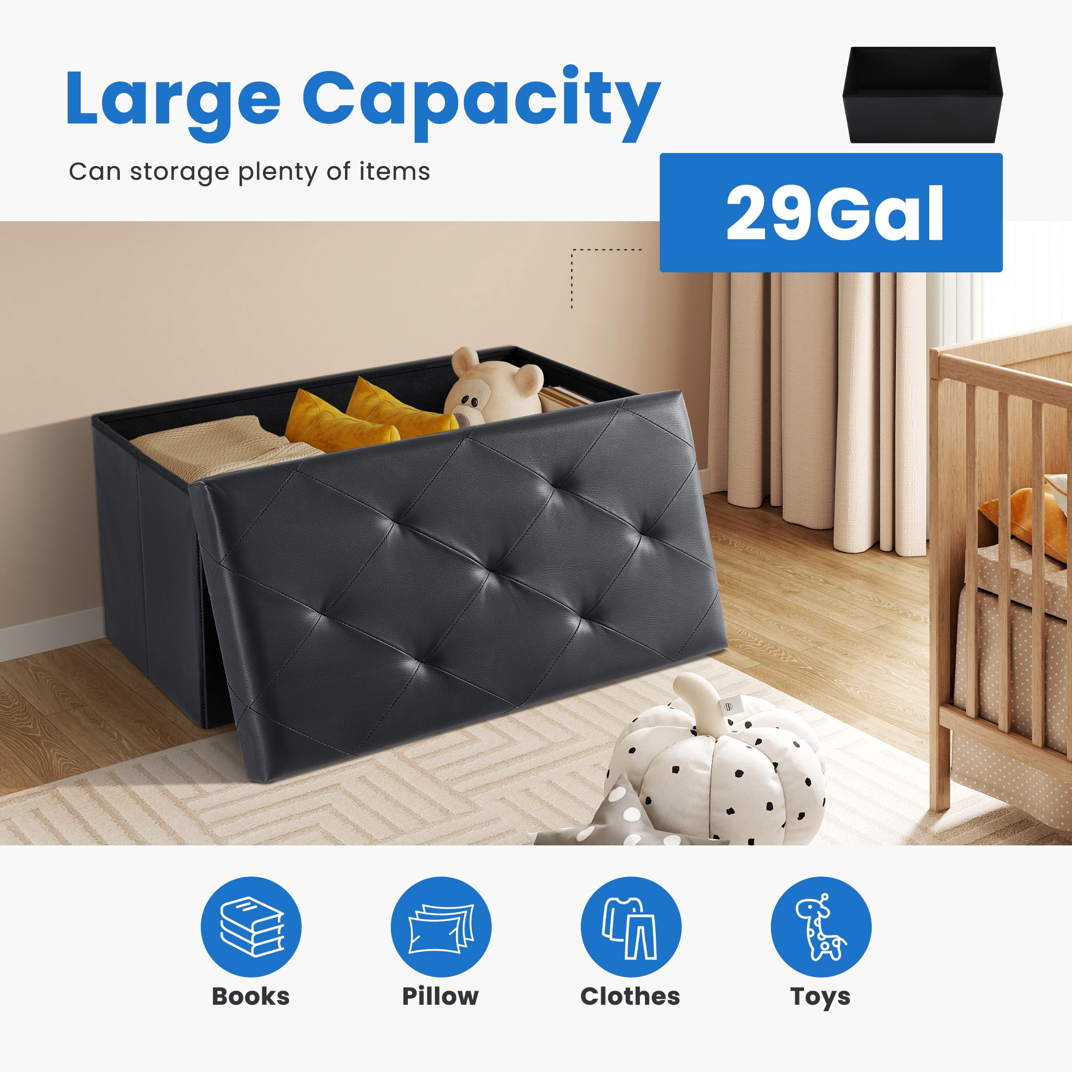 EDX 30" PVC Ottoman Bench, Folable Storage Bench for Bedroom, 29Gal Capacity, Ottoman Foot Rest Bench for Livingroom, Entryway, Black