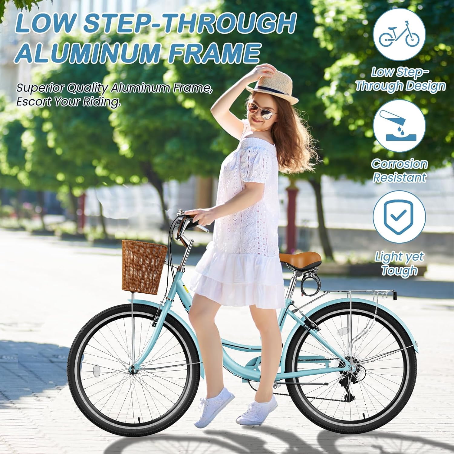Mooncool 24 & 26 Inch Beach Cruiser Bike for Women, 7 Speed Commute Bike for Adults, Womens Bicycle with Ratten Basket & Rack, Multiple Color