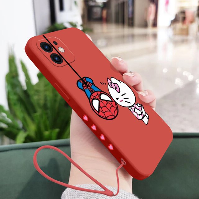 Funda de silicona con correa de mano para iPhone, carcasa de Spiderman, Hello Kitty, 14, 13, 12, 11 Pro Max, Mini, X, XR, XS MAX, SE20, 8, 7 Plus Fivean LED