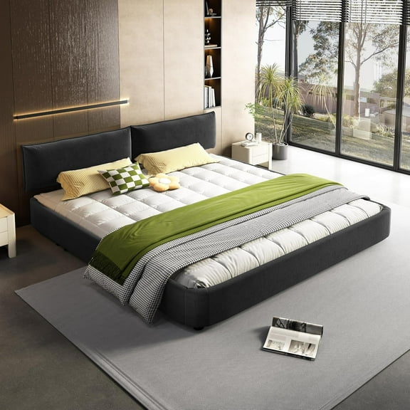 King Size Bed Frame with Adjustable Headboard, Chenille Upholstered Cloud Platform Bed Frame, Wide Solid Wood Slats & Metal, No Box Spring Needed, Dark Grey