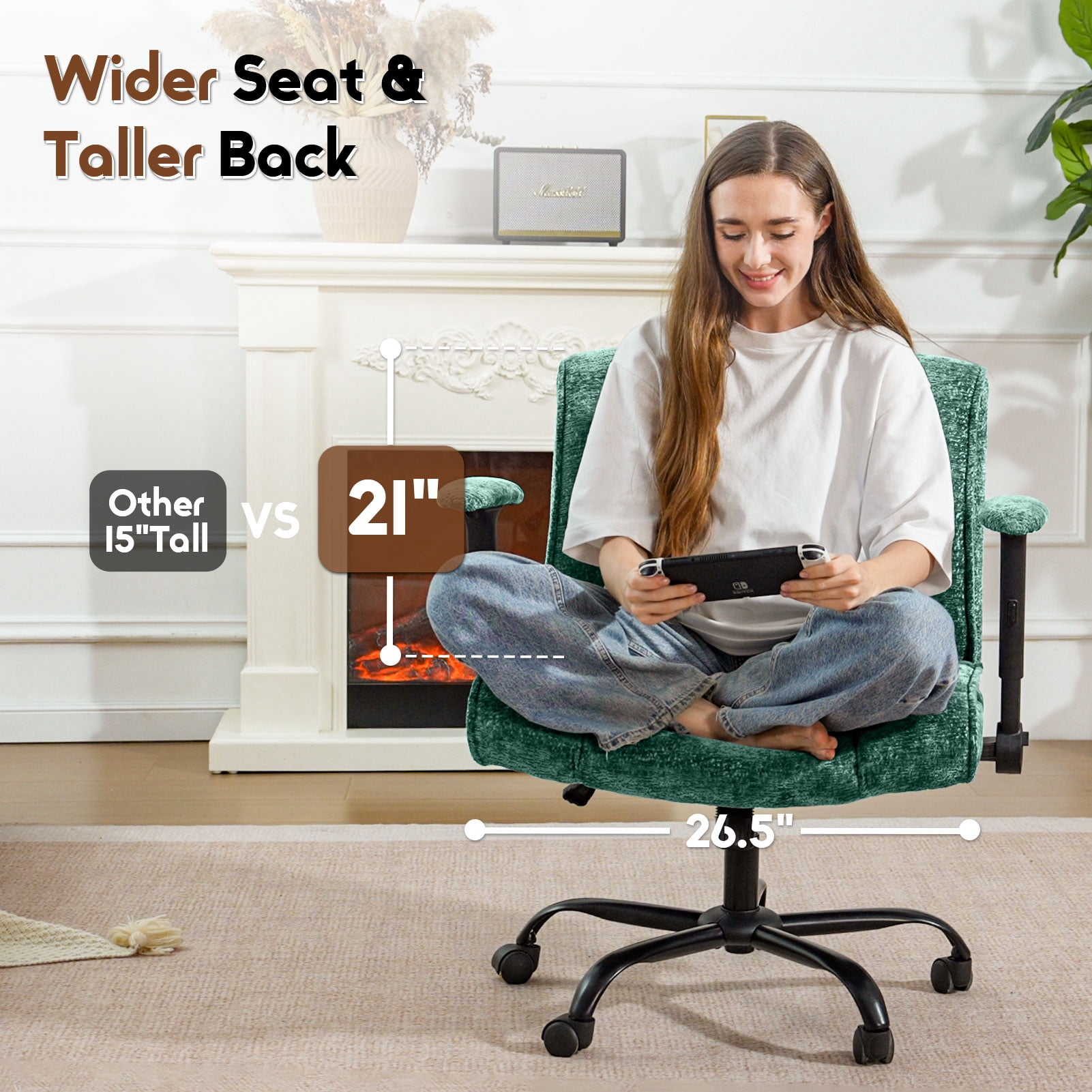 zzw Chenille Home Office Criss Cross Chair with Flip Arms, Lumbar Support and Wheels, Green