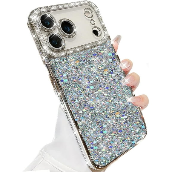 for iPhone 17 Pro Max Case, Shockproof Cute Bling Glitter Sparkle Cover Sequin Diamonds Shiny Camera Lens Protector Girls Women Soft Electroplated Case for iPhone 17 Pro Max 6.9 inch, Silver