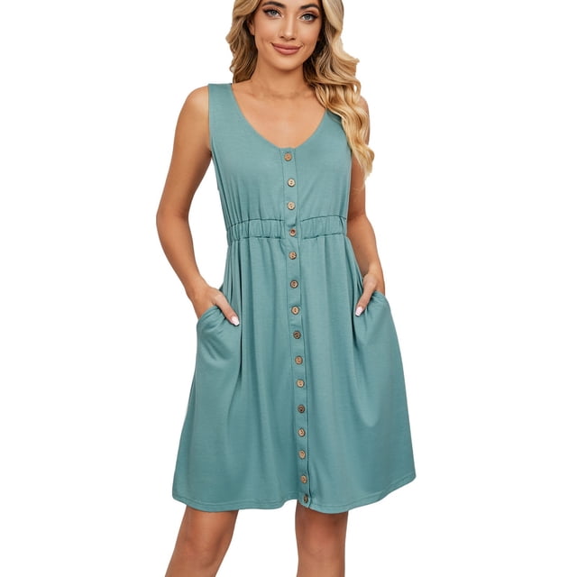 Birdeem Womens Sleeveless V-Neck Solid Color Pocket Makings Dress