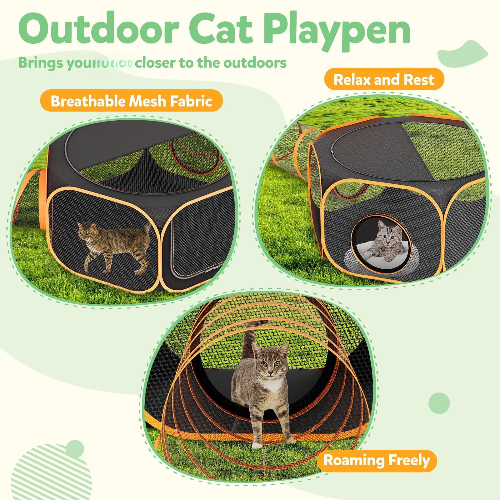 Cat Outdoor Enclosures Tunnel Playpen - Portable Indoor Collapsible Cats Enclosure With Shade Cover 2 Tunnels For Large Small Pets Animal Outside Catio Happy Travel Camping Yard