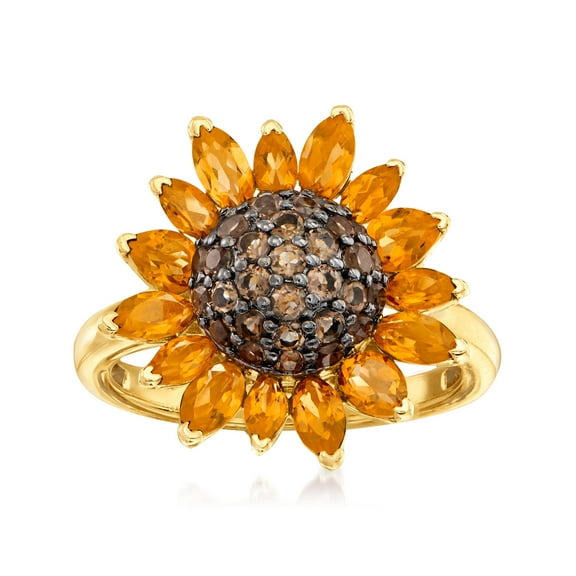 Ross-Simons 1.70 ct. t.w. Citrine and .80 ct. t.w. Smoky Quartz Sunflower Ring in 18kt Gold Over Sterling, Women's, Adult