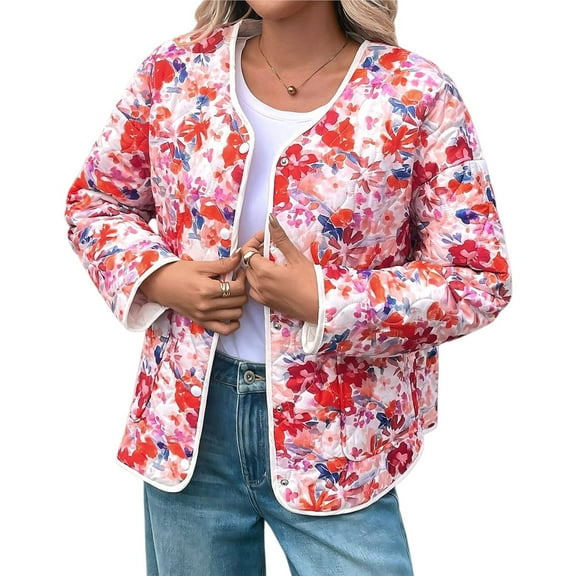 Warm Quilted Jackets for Women Long Sleeve Floral Print Button Down Jacket Coats with Pockets Coral Color XL