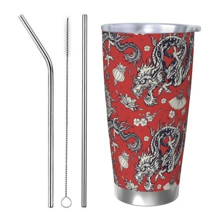 

Uemuo Dragons2 Print Travel Coffee Mug 20oz Double-walled Car Cup Stainless Steel Insulated Tumbler Leak-proof Travel Cup Reusable Straw Car Cup-Straw Three-piece Set