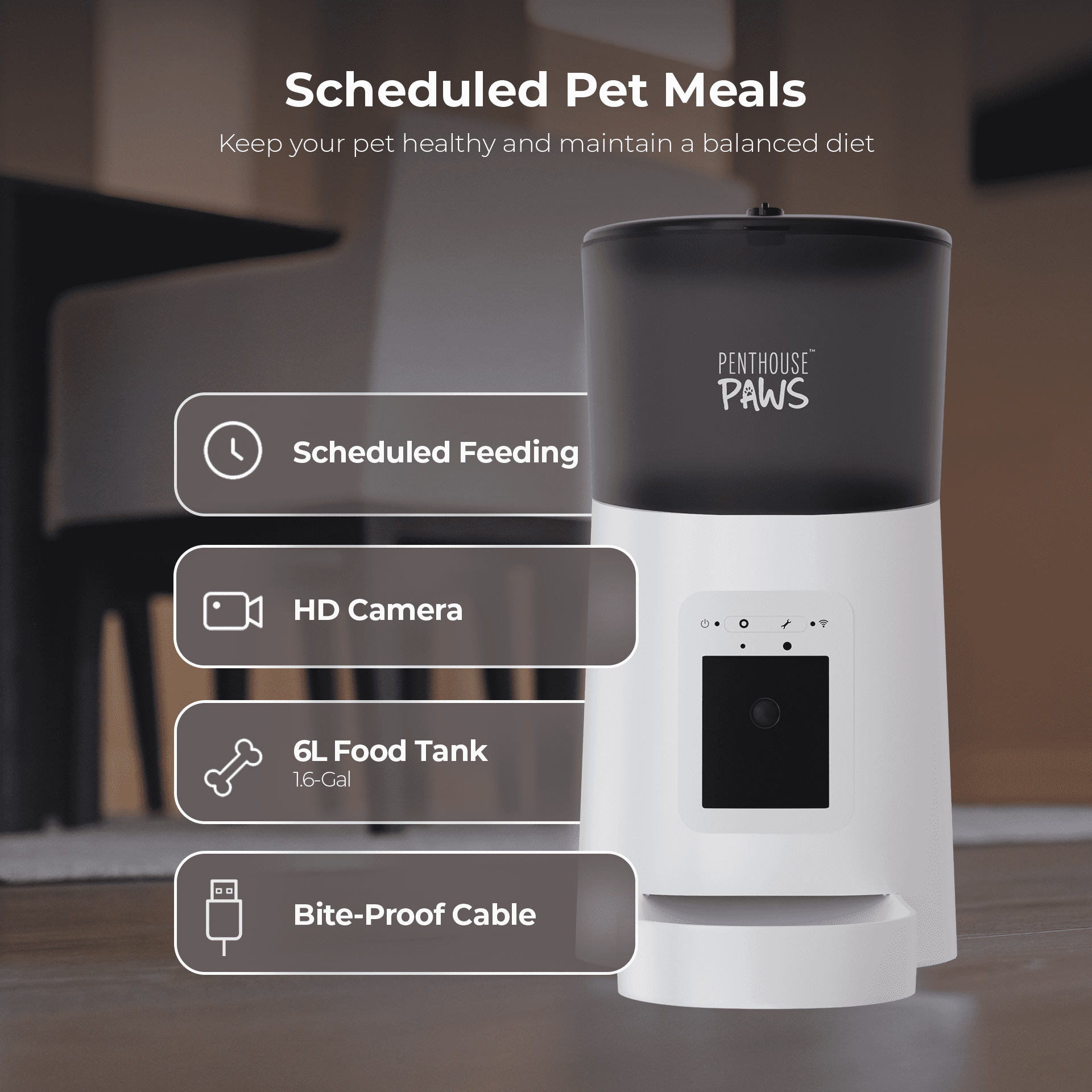 Penthouse Paws Smart HD Pet Feeder, 6L Dry Food Capacity, 1080p Camera, 2-Way Audio, Scheduled Meals, Backup Power, Easy to clean, Anti-Jam Design for Cat & Dog, Black