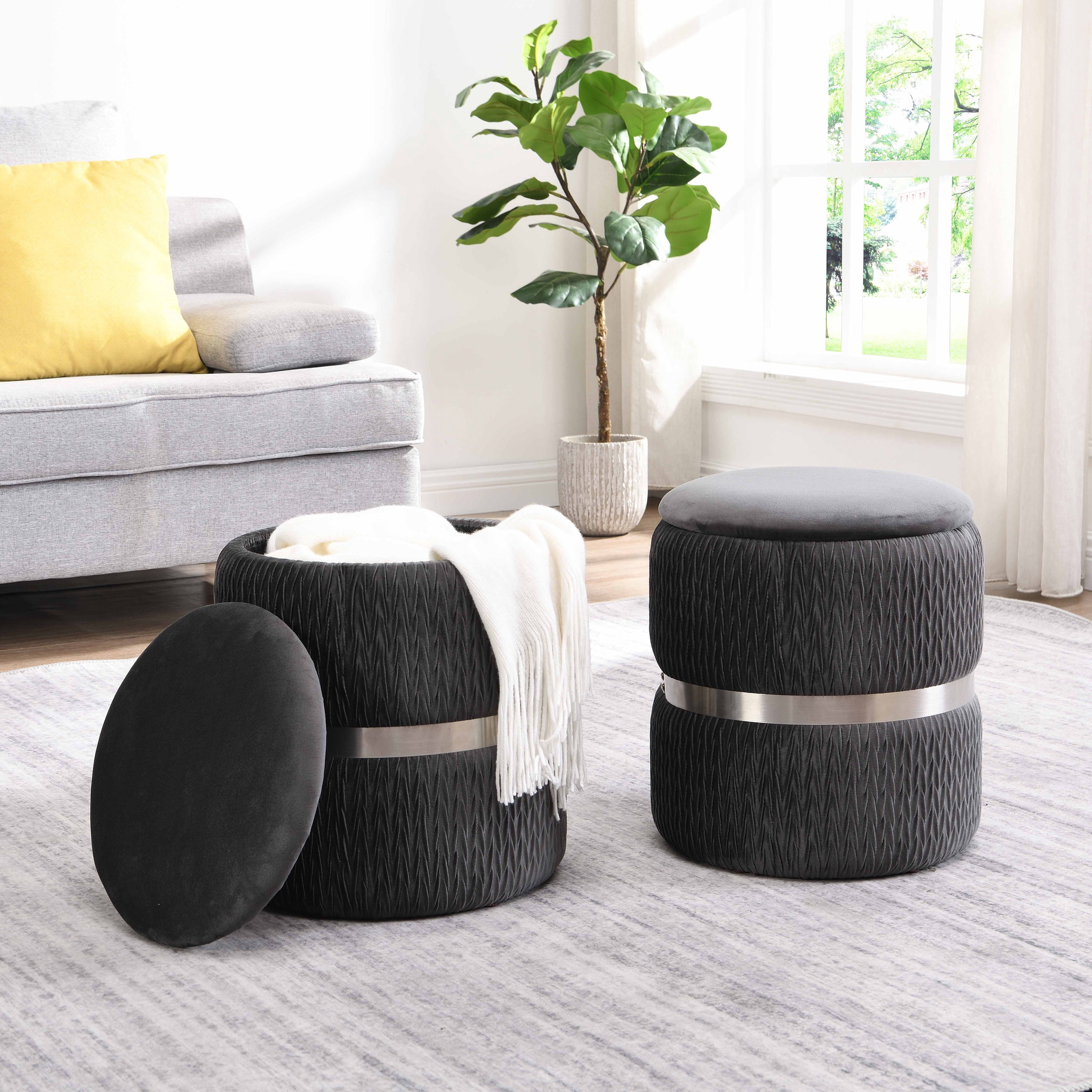 Techni Mobili Modern Velvet Round Ottoman with Storage, Gray