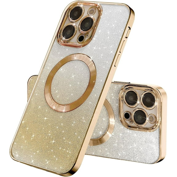 Compatible with iPhone 13 Pro Magnetic Gardient Glitter Case, Plating Bling Cute Case with MagSafe for Women Girls Full Camera Protector Back Cover for iPhone 13 Pro 6.1'' Gold