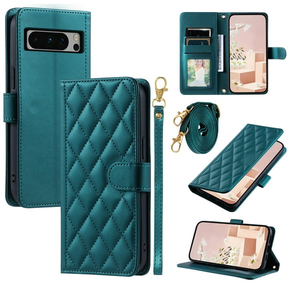 Decase for Google Pixel 8 Case Wallet with Card Holder for Women Man,Elegant Style Protective Leather Stand Cover Magnetic Clasp Crossbody Strap & Wristband,for Google Pixel 8- green