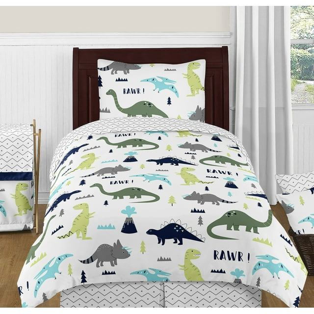 Ensemble de Literie Simple 4 Pcs Bleu Marine et Vert Dinosaure Moderne pour Garçons Ou Filles Enfants Ados Collection