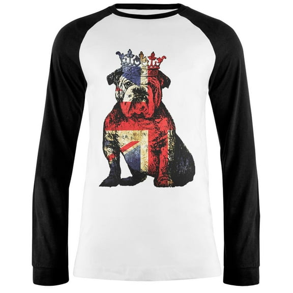 British Bulldog Crown Grunge Flag Mens Long Sleeve Raglan T Shirt White-Black LG