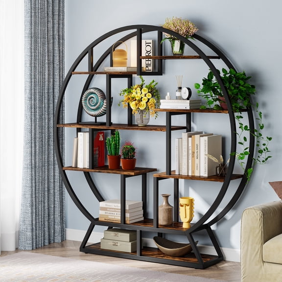 Tribesigns Display Bookshelf, Round Shaped Bookcase Etagere Shelves, Industrial Retro Organizer Rack Shelf with 14 Shelving Units