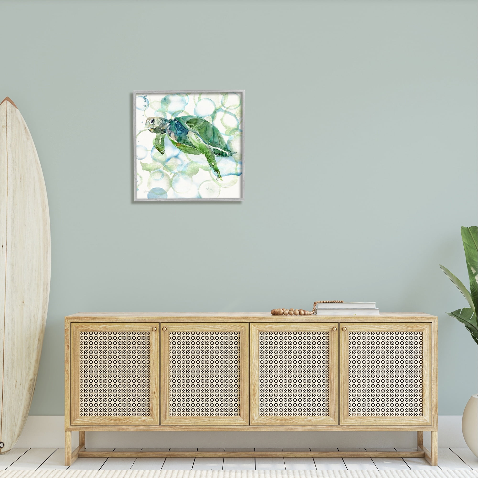 Stupell Industries Watercolor Sea Turtle Swimming Ocean Water Bubbles Painting Gray Framed Art Print Wall Art, Design by Carol Robinson
