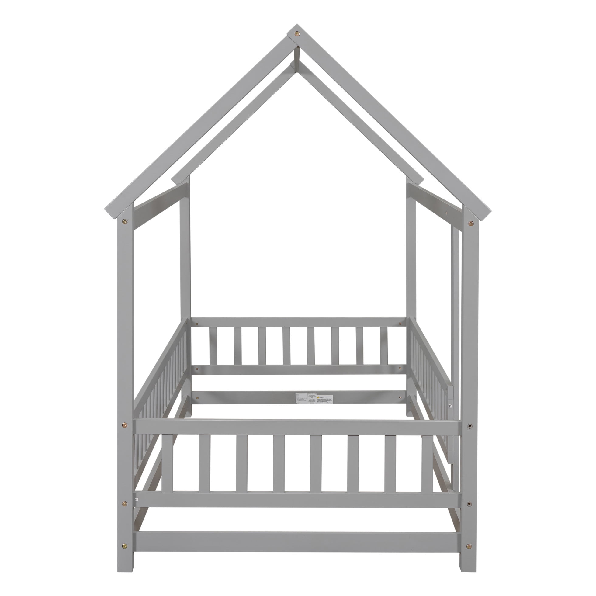 Modern Twin Size Montessori Floor Bed with House Roof Frame, Fence Guardrails and Opening, Grey